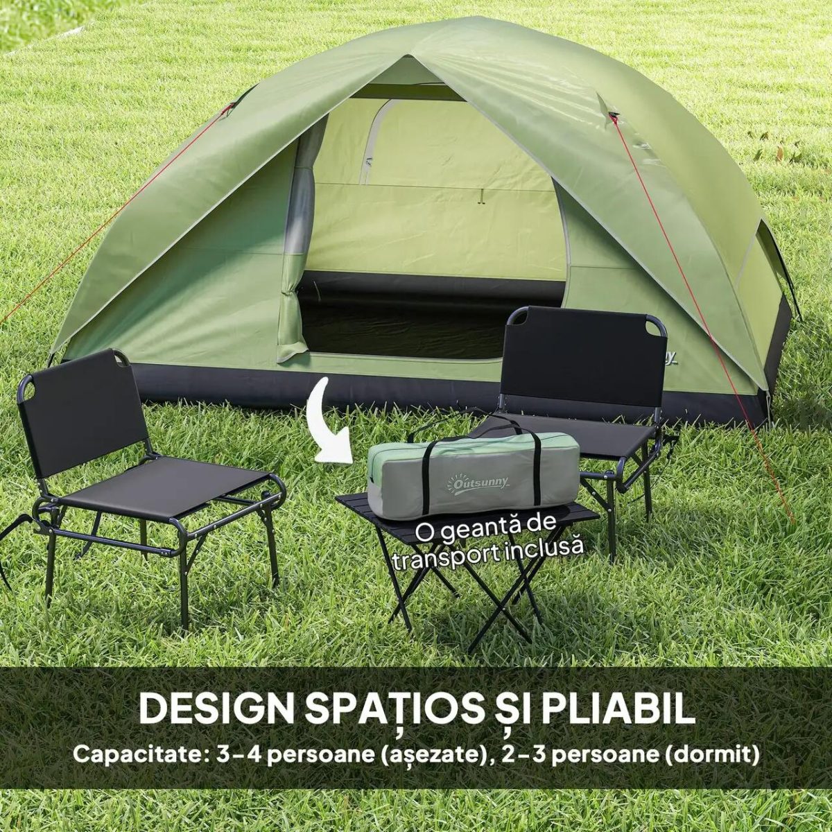 Cort Camping, 2-3 Persoane, Impermeabil, Cu Geanta, Verde, 205X275X135 Cm