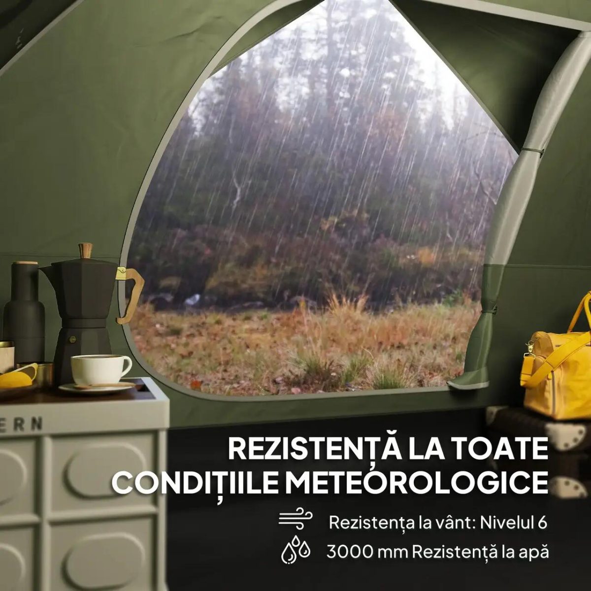 Cort Camping, 2-3 Persoane, Impermeabil, Cu Geanta, Verde, 205X275X135 Cm