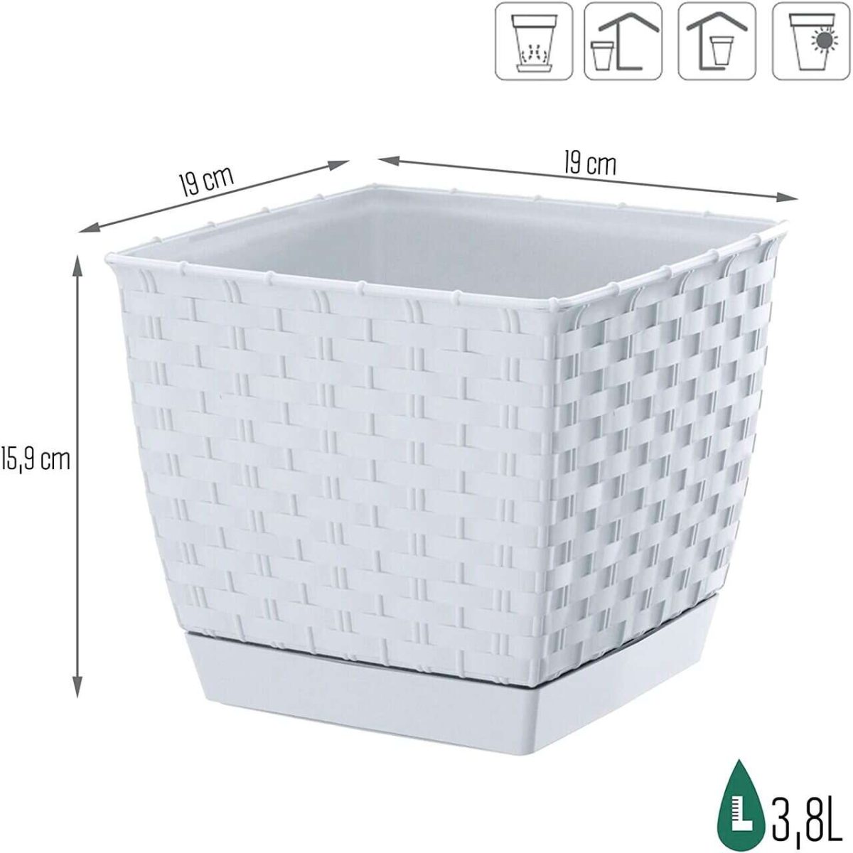 Ghiveci De Flori Patrat, Ratolla, 19 X 19 Cm, 3.8 L, Alb, Prosperplast