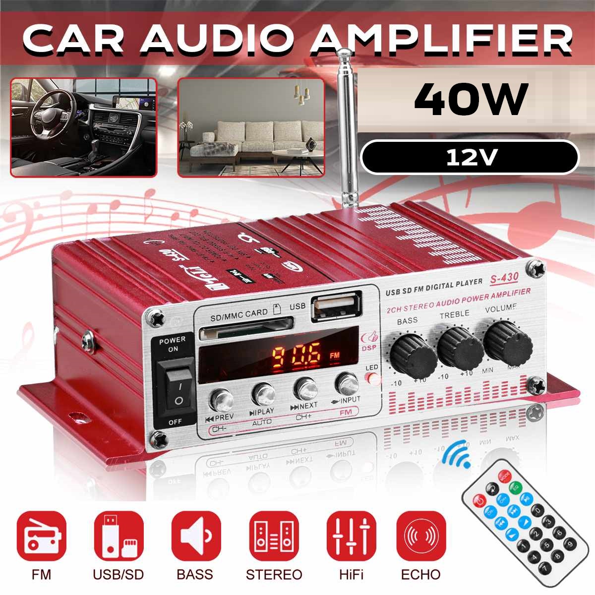 Hb207d5390d9a40378d965cabd5763406O-1.jpg MINI amplificator auto, stereo, 12V, 40 W, radio FM, citire USB sau card SD, cu telecomanda - imagine 1