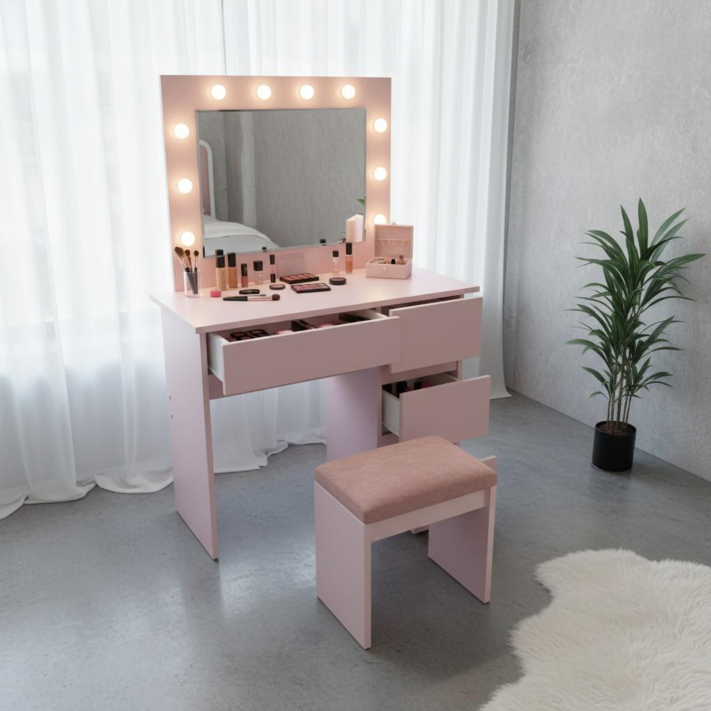 Masa de toaleta/machiaj, Irina, roz, cu oglinda si LED-uri, 94x43x141 cm Masa de toaleta/machiaj, Irina, roz, cu oglinda si LED-uri, 94x43x141 cm