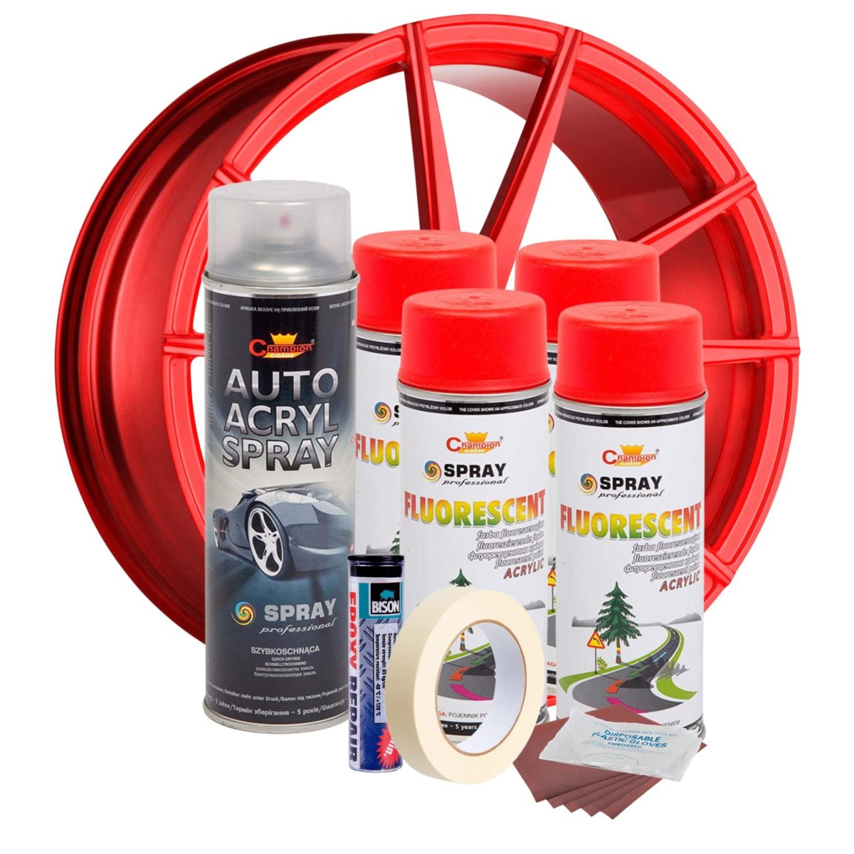 Kit Complet Reparatie Si Vopsire Jante Culoare Rosu Fluorescent, V4