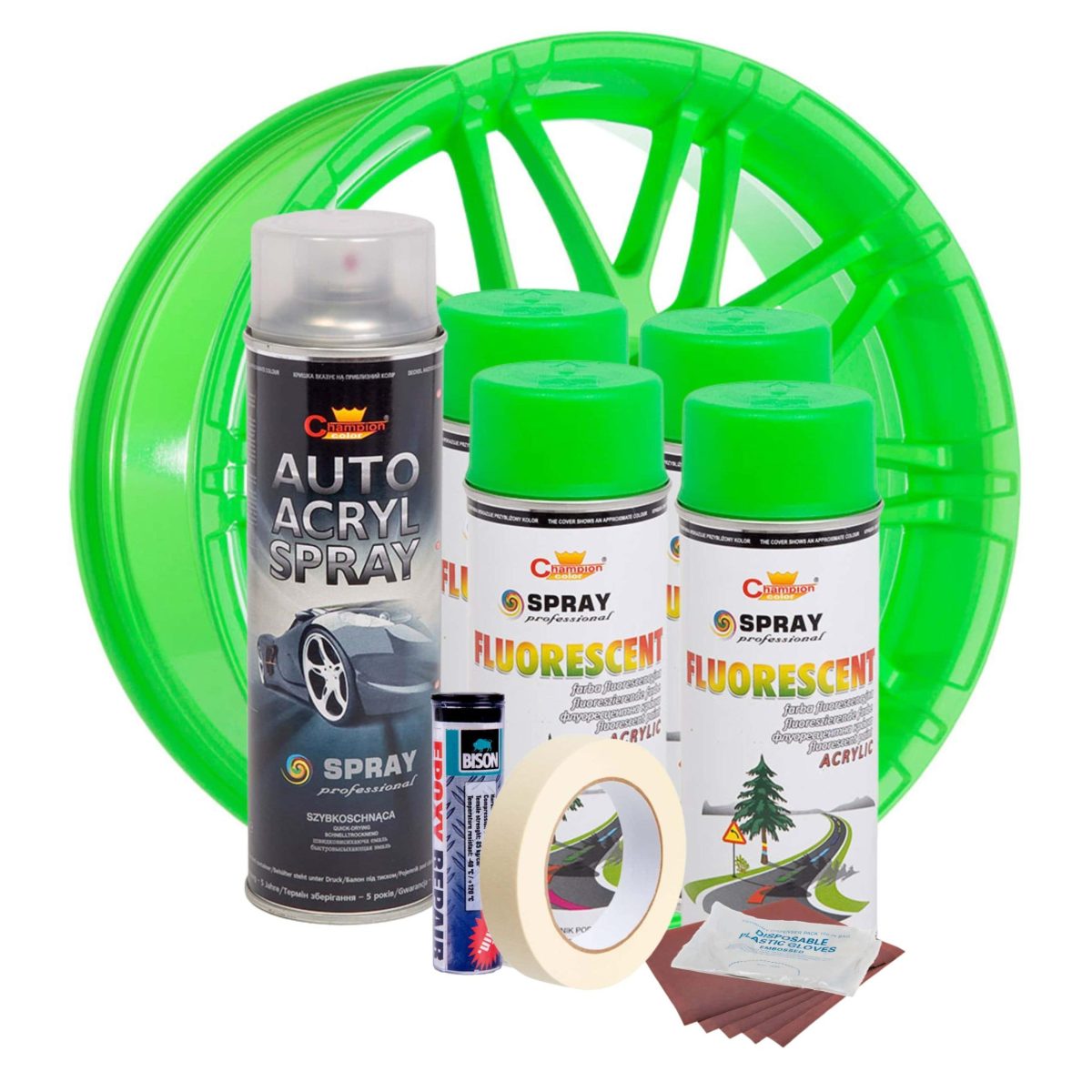 Kit Complet Reparatie Si Vopsire Jante Culoare Verde Fluorescent, V4