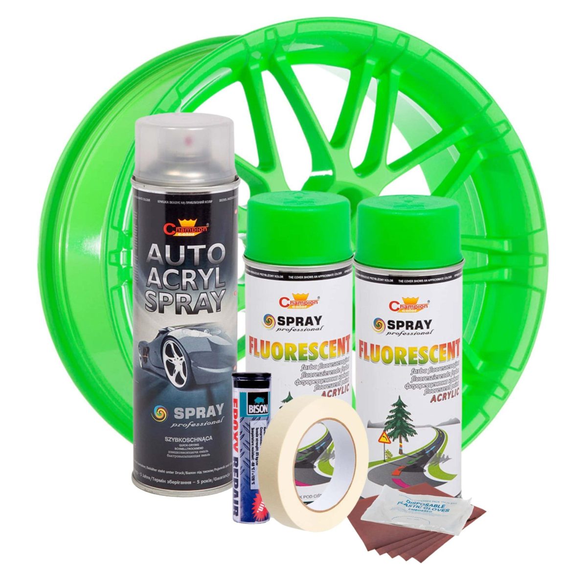Kit Complet Reparatie Si Vopsire Jante Culoare Verde Fluorescent, V2