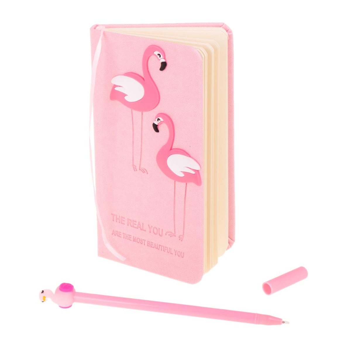 Set Cadou Pentru Copii, Caiet Cu Flamingo Finisat Cu Piele Ecologica + Pix Cu Flamingo
