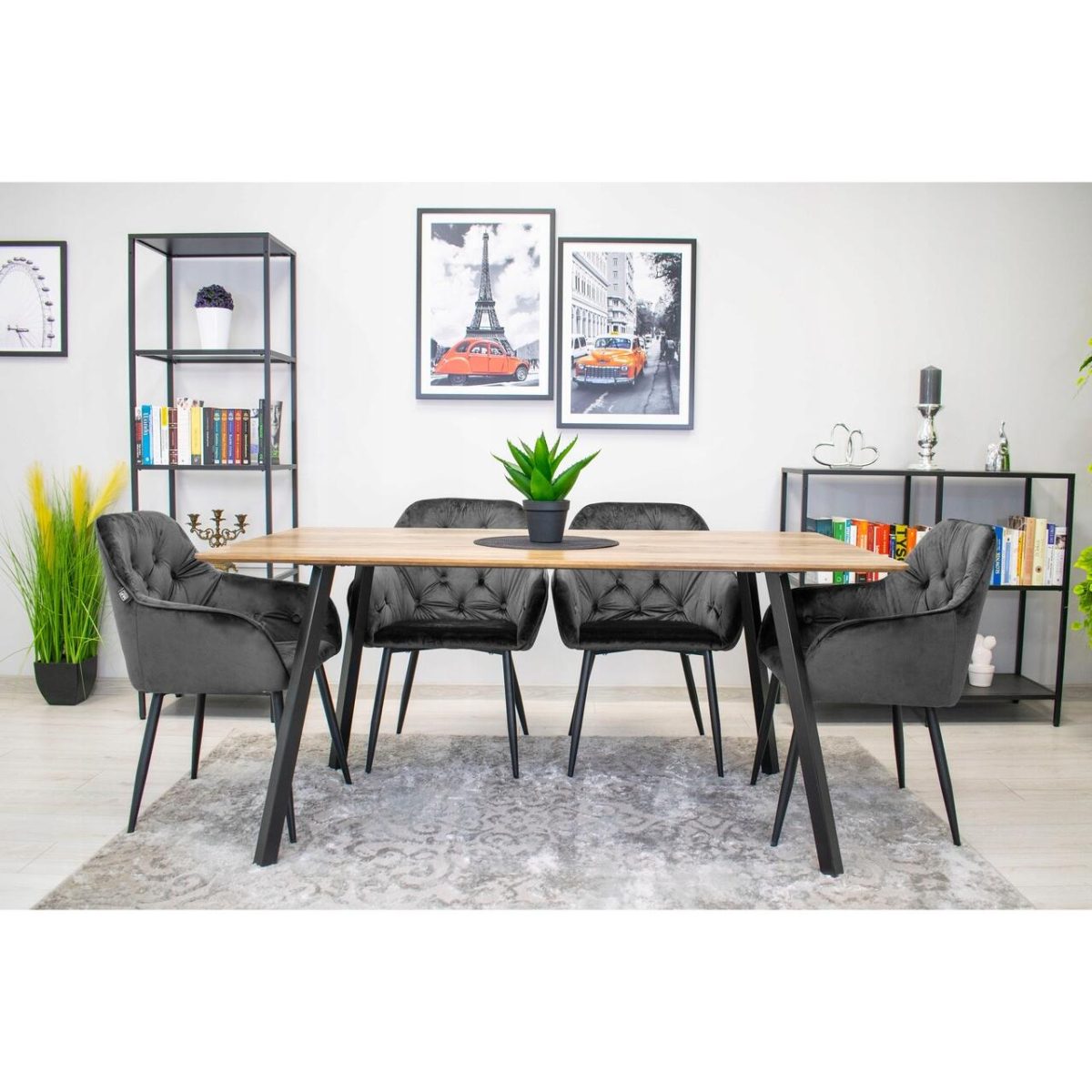 Scaun Stil Fotoliu Bucatarie/Living, Artool, Forio, Catifea, Metal, Gri Si Negru, 61X55.5X81 Cm