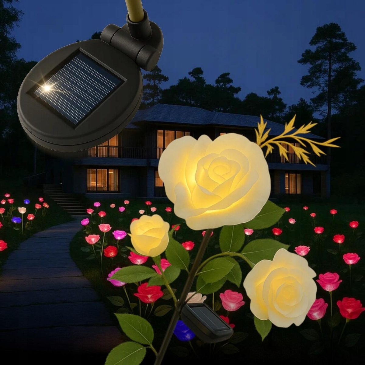 Lampa Solara Pentru Gradina, Gardlov, Trandafir Cu 3 Flori, 3 Led, 5 Culori, 80 Cm - Imagine 3