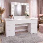 Masa de toaleta/machiaj, Antonia + scaun Mark, alb, cu oglinda si LED-uri, 155x42x135 cm