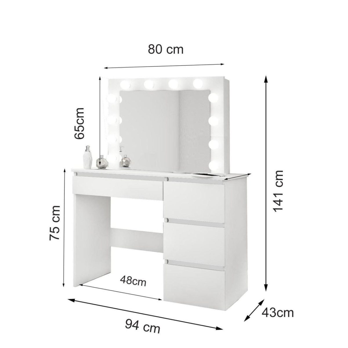 Masa De Toaleta/Machiaj + Taburet, Alba, Cu Oglinda Si Led-Uri, Irina, 94X43X141 Cm