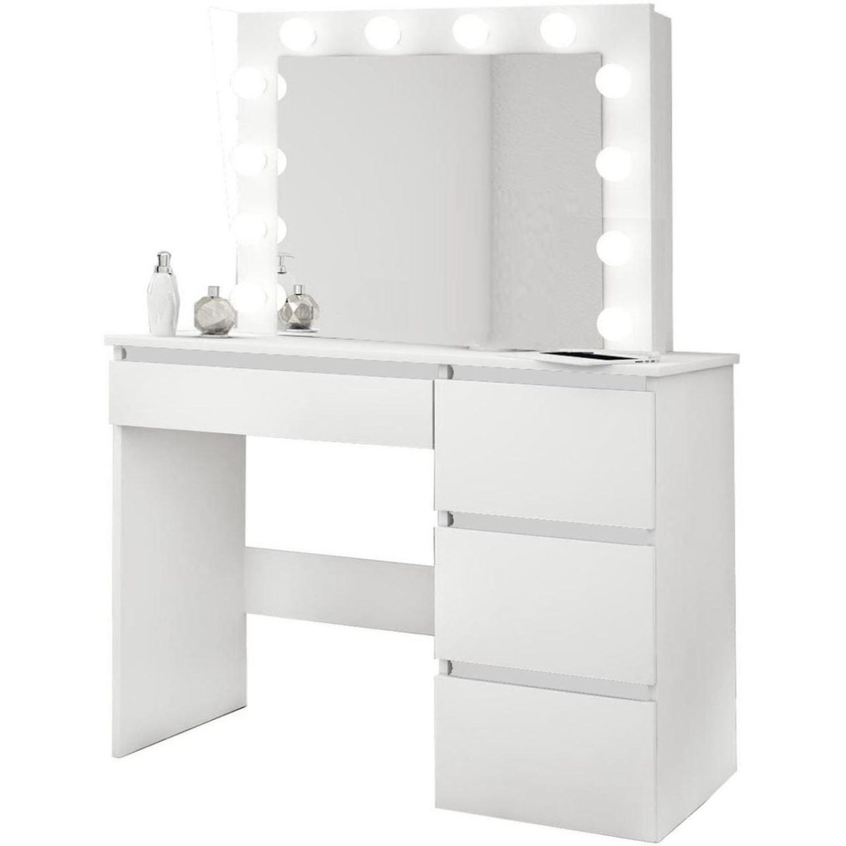Masa De Toaleta/Machiaj + Taburet, Alba, Cu Oglinda Si Led-Uri, Irina, 94X43X141 Cm