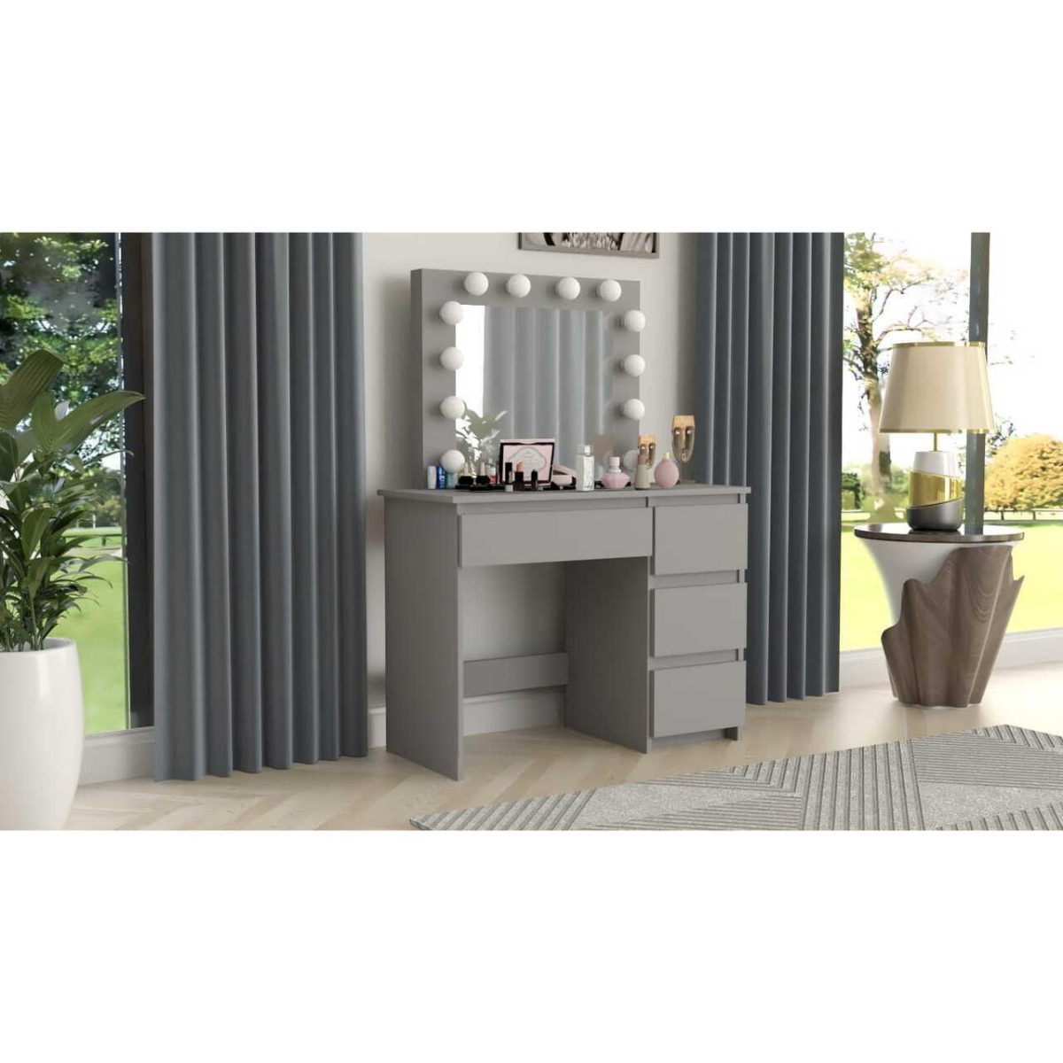 Masa De Toaleta/Machiaj + Scaun Cava, Gri, Cu Oglinda Si Led-Uri, 94X43X141 Cm