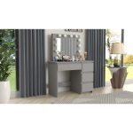 Masa de toaleta/machiaj + scaun Cava, gri, cu oglinda si LED-uri, 94x43x141 cm