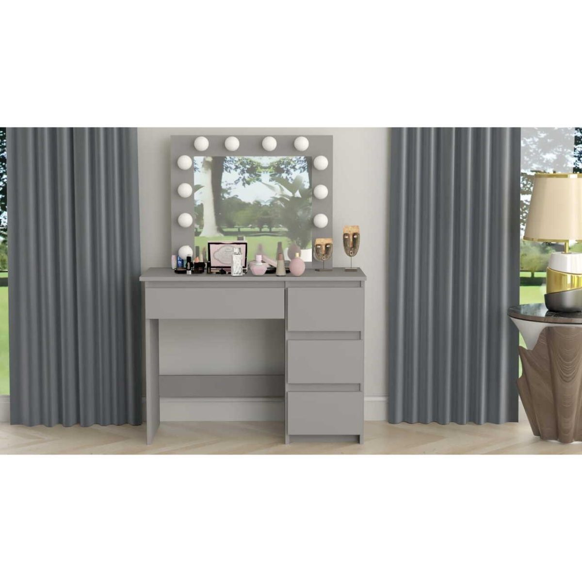 Masa De Toaleta/Machiaj + Scaun Cava, Gri, Cu Oglinda Si Led-Uri, 94X43X141 Cm