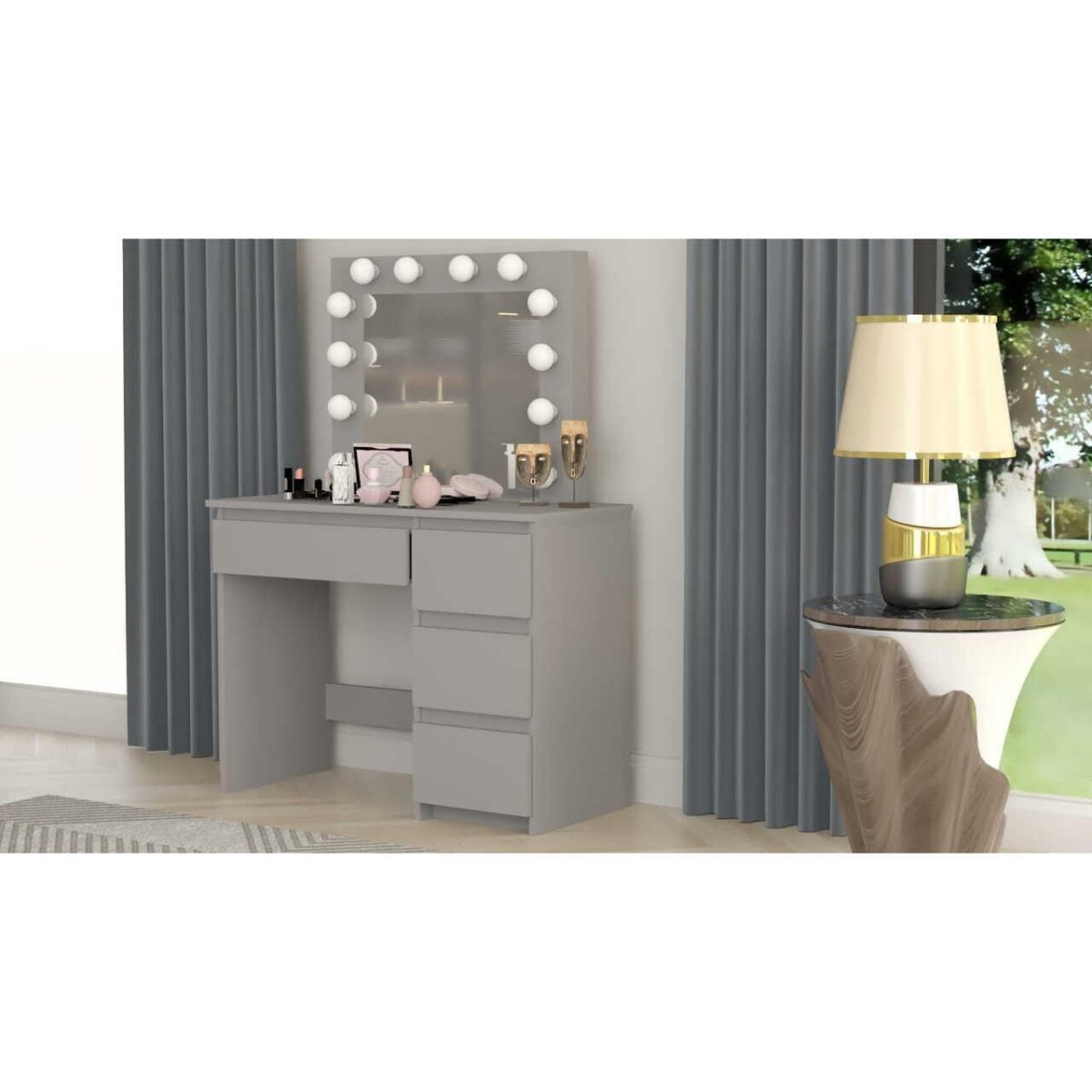 Masa De Toaleta/Machiaj + Scaun Cava, Gri, Cu Oglinda Si Led-Uri, 94X43X141 Cm
