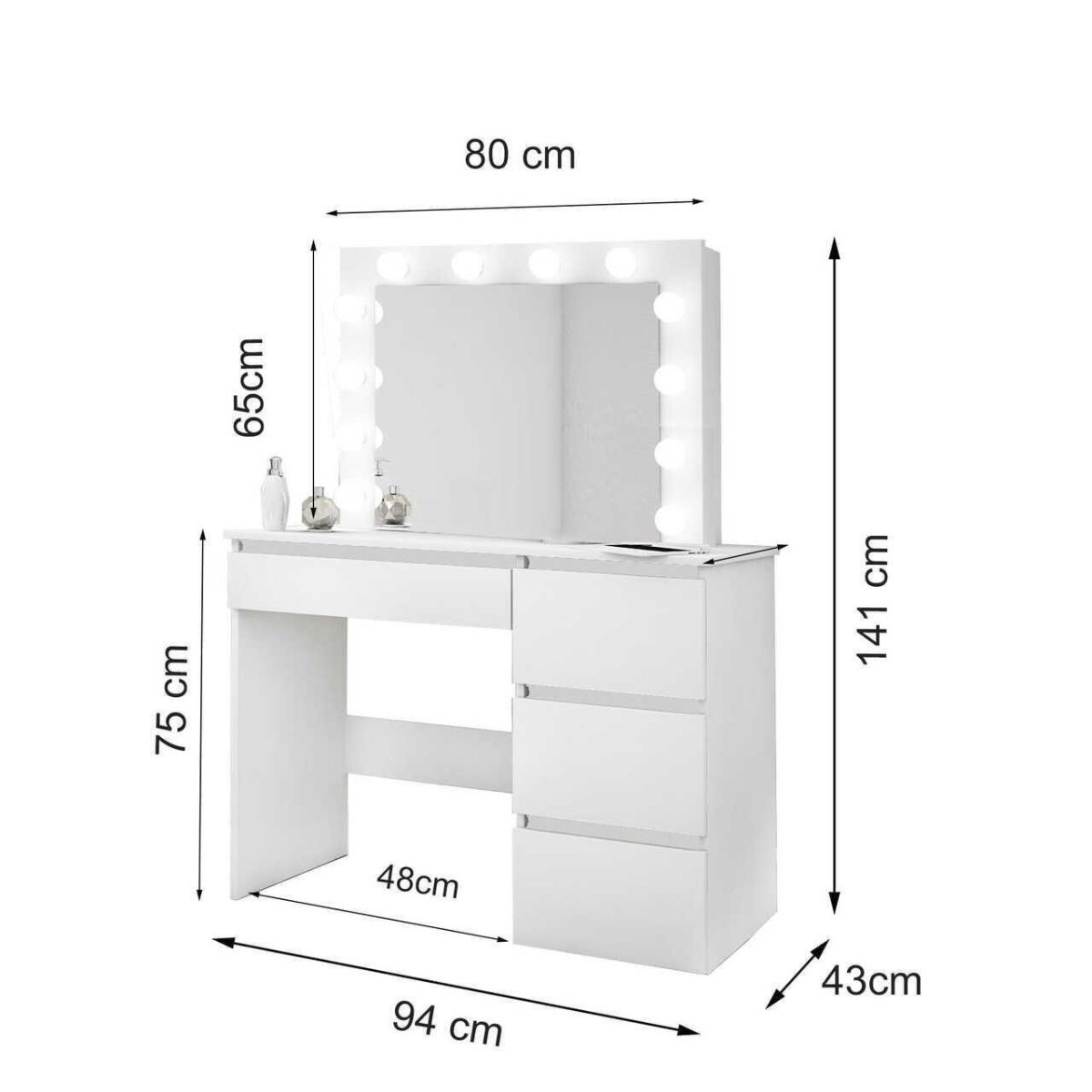 Masa De Toaleta/Machiaj + Scaun Cava, Gri, Cu Oglinda Si Led-Uri, 94X43X141 Cm