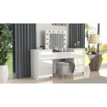 Set masa de toaleta/machiaj Antonia + scaun Mark, alb, sertare lucioase, cu oglinda si LED-uri, 155x42x135 cm - imagine 8