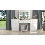 Set masa de toaleta/machiaj Antonia + scaun Mark, alb, sertare lucioase, cu oglinda si LED-uri, 155x42x135 cm - imagine 9