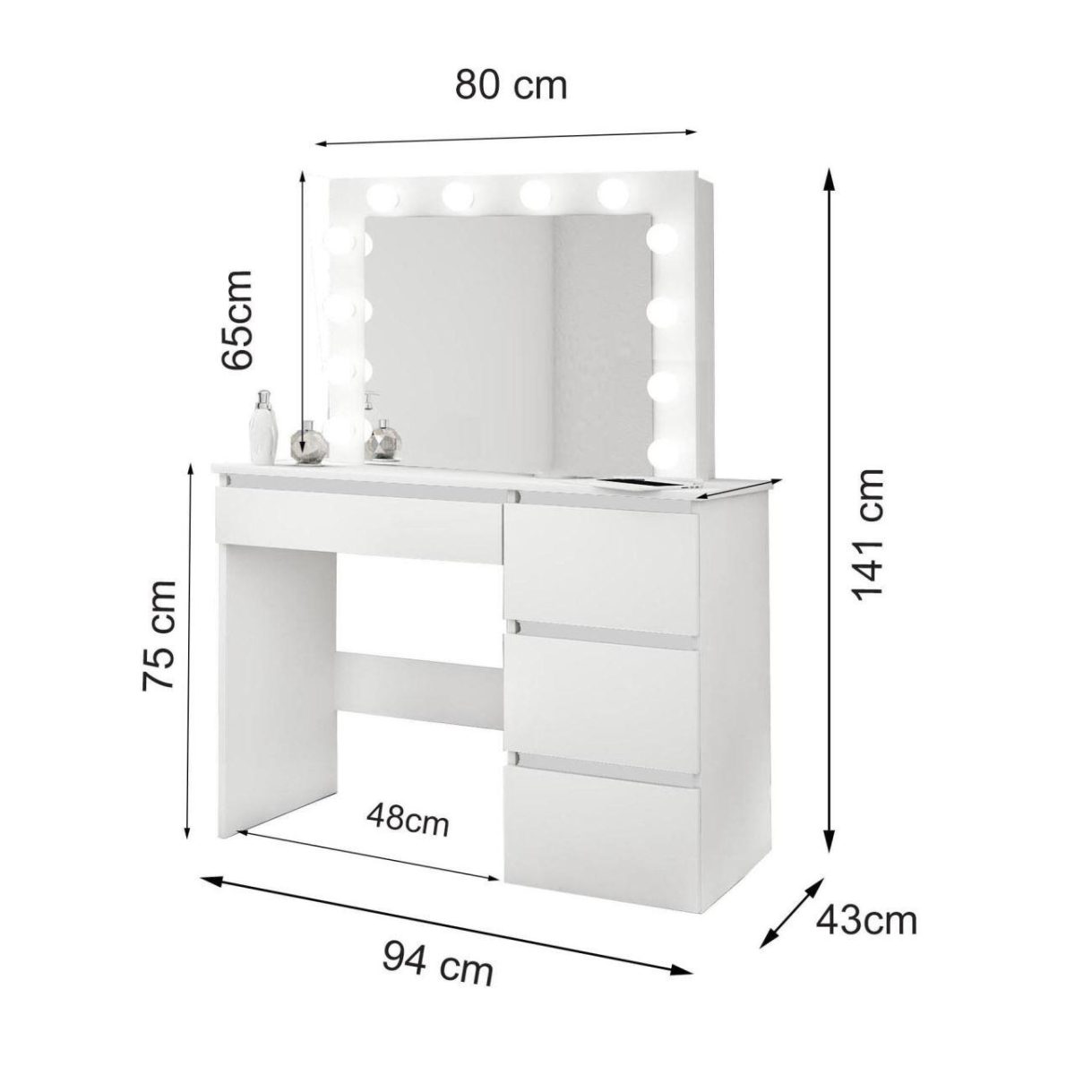 Masa De Toaleta/Machiaj + Scaun Stil Scandinav, Artool, Stejar, Cu Oglinda Si Led-Uri, 94X43X141 Cm