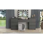 Set masa de toaleta/machiaj Antonia + scaun Mark, negru, cu oglinda si LED-uri, 155x42x135 cm - imagine 11