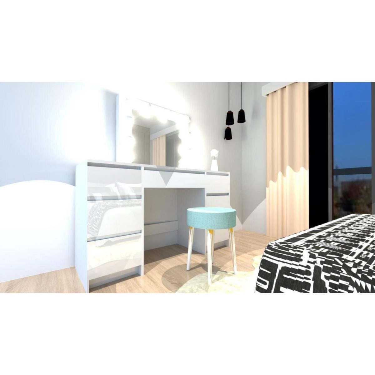 Masa De Toaleta/Machiaj + Scaun Alba, Alb, Cu Oglinda Si Led-Uri, Vanessa, 130X43X143 Cm - Imagine 9