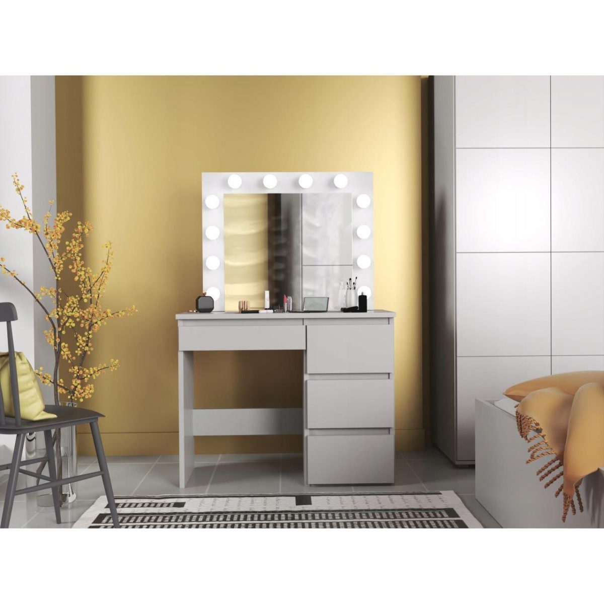 Masa De Toaleta/Machiaj + Scaun Alba, Alb, Cu Oglinda Si Led-Uri, Irina, 94X43X141 Cm - Imagine 11