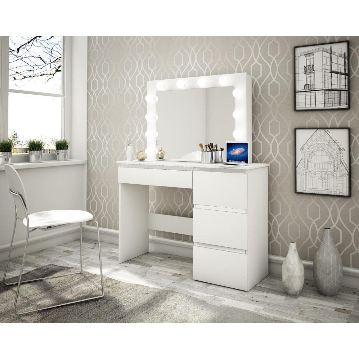 Masa De Toaleta/Machiaj + Scaun Alba, Alb, Cu Oglinda Si Led-Uri, Irina, 94X43X141 Cm - Imagine 9
