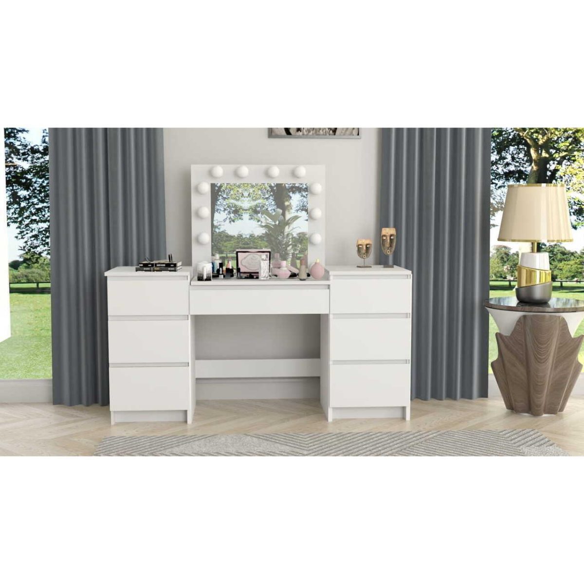 Masa De Toaleta/Machiaj + Scaun Alba, Alb, Cu Oglinda Si Led-Uri, Silvia, 155X42X135 Cm - Imagine 11