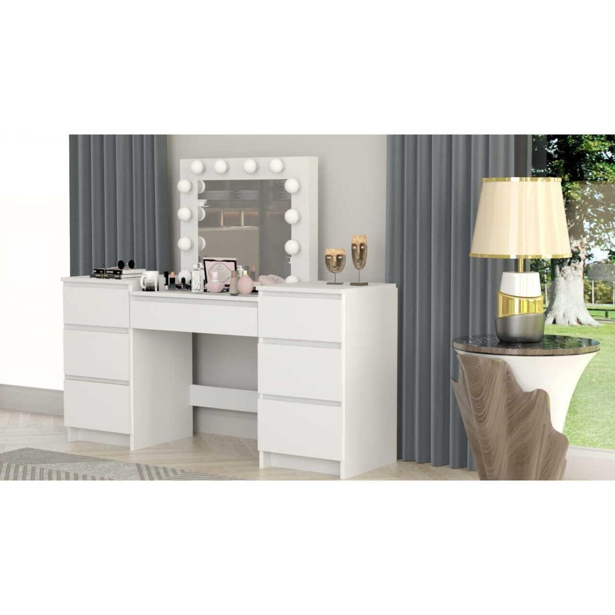 Masa De Toaleta/Machiaj + Scaun Alba, Alb, Cu Oglinda Si Led-Uri, Silvia, 155X42X135 Cm - Imagine 12