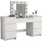 Masa de toaleta/machiaj + scaun Alba, alb, cu oglinda si LED-uri, Silvia, 155x42x135 cm - imagine 8