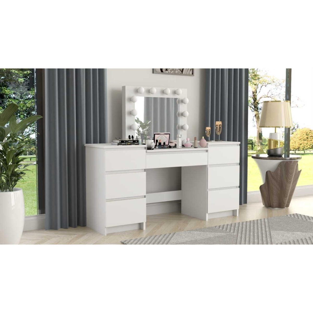 Masa De Toaleta/Machiaj + Scaun Alba, Alb, Cu Oglinda Si Led-Uri, Silvia, 155X42X135 Cm - Imagine 9