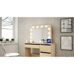 Masa de toaleta/machiaj + Scaun stil scandinav, Artool, stejar, cu oglinda si LED-uri, 94x43x141 cm