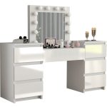 Masa de toaleta/machiaj, Antonia, sertare lucioase + taburet, alb, cu oglinda si LED-uri, 155x42x135 cm