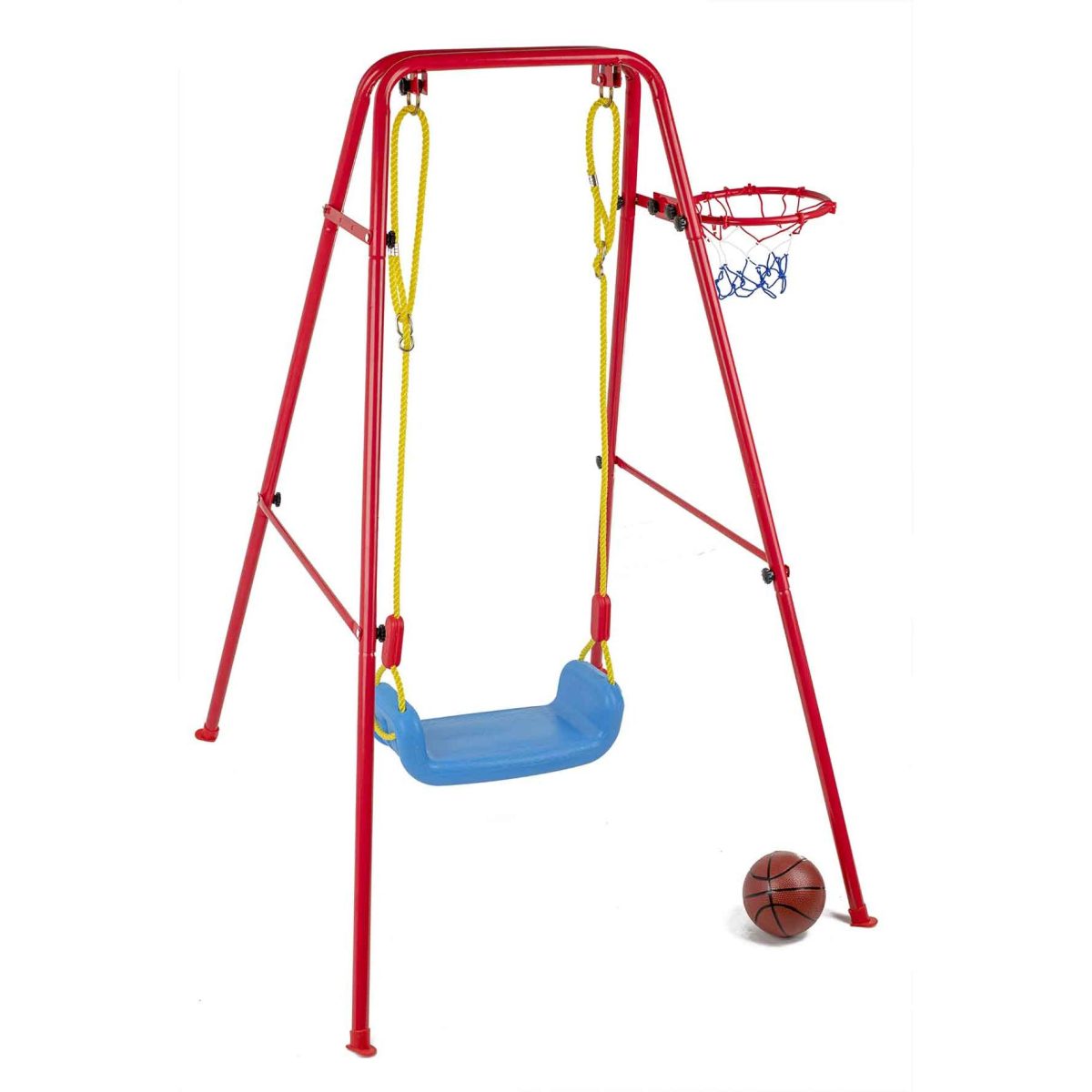 Set De Gradina 3In1 Pentru Copii, Leagan + Cos De Baschet + Minge, Cadru Metalic, Culoare Rosu