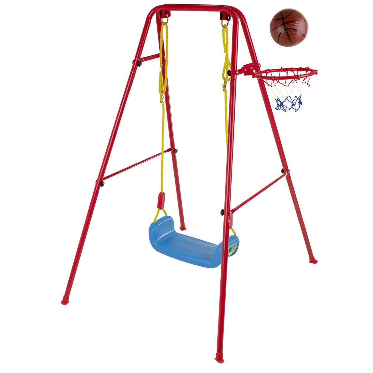 Set De Gradina 3In1 Pentru Copii, Leagan + Cos De Baschet + Minge, Cadru Metalic, Culoare Rosu