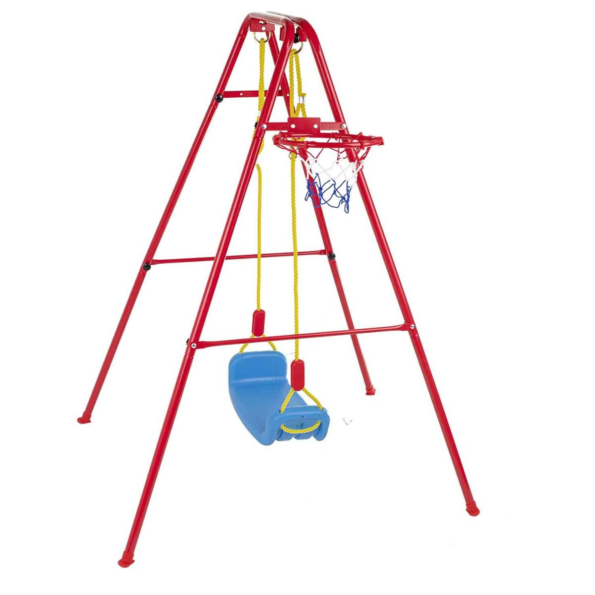 Set De Gradina 3In1 Pentru Copii, Leagan + Cos De Baschet + Minge, Cadru Metalic, Culoare Rosu