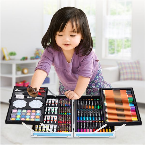 Set 145 piese pentru pictura, pentru copii sau adulti, pixuri de colorat, creioane colorate si vopsele de pictura, cu geanta de transport ALBASTRA, model AVX-WT-RUBENS145