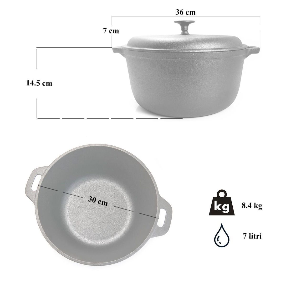 Oala De Fonta Cu Capac, Lingura De Lemn, 7 L, Perfect Home