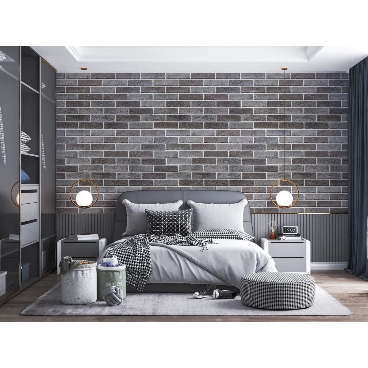 Panou Decorativ, Pvc, Model Caramida 3D, Nuante Cenusiu Inchis, 96X48.5Cm