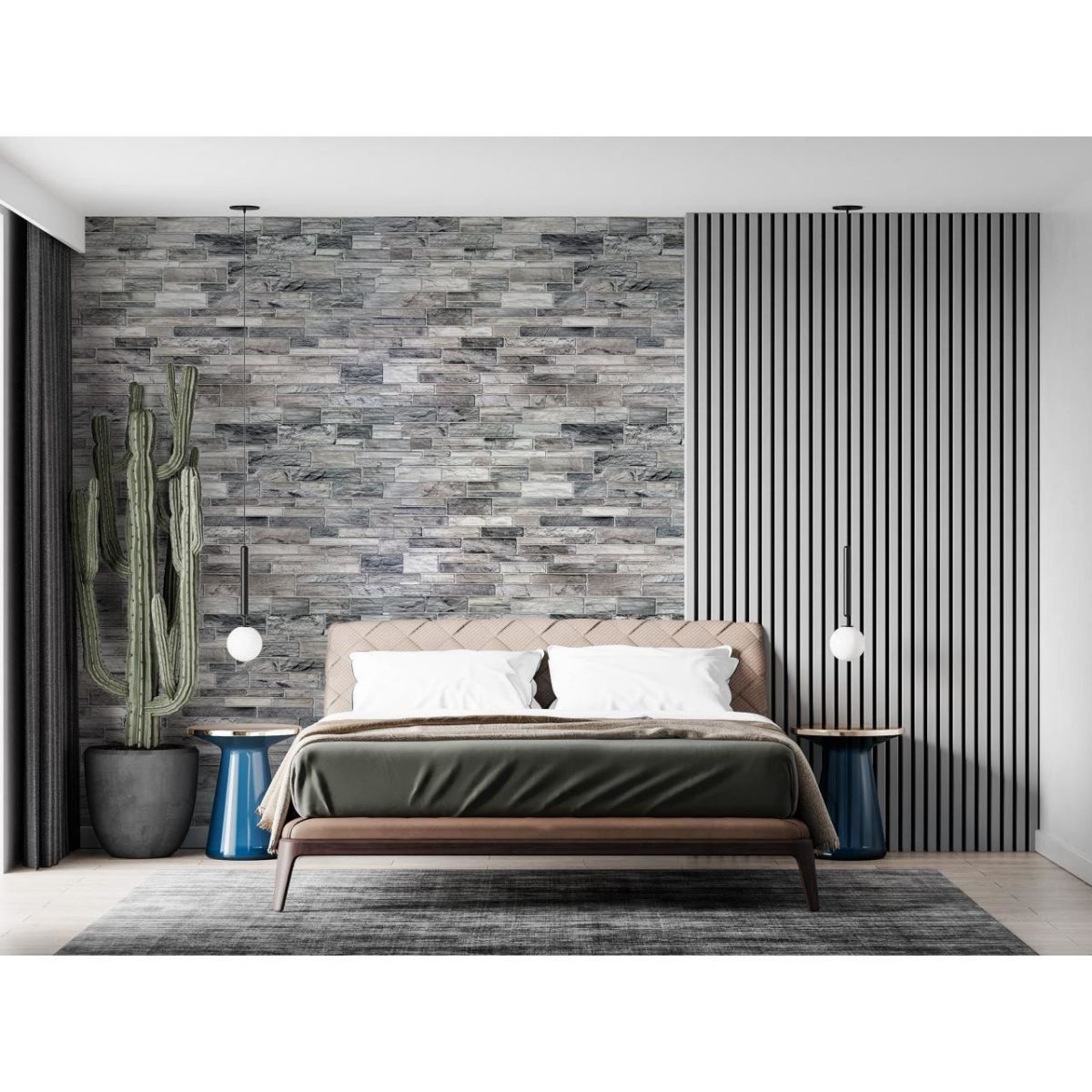 Panou Decorativ, Pvc, Model Piatra 3D, Nuante Gri Inchis, 96X48.5 Cm