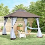 Pavilion/foisor pentru gradina/terasa, cadru metalic, cu plasa pentru insecte, maro si alb, 2.95x2.95x2.7 m