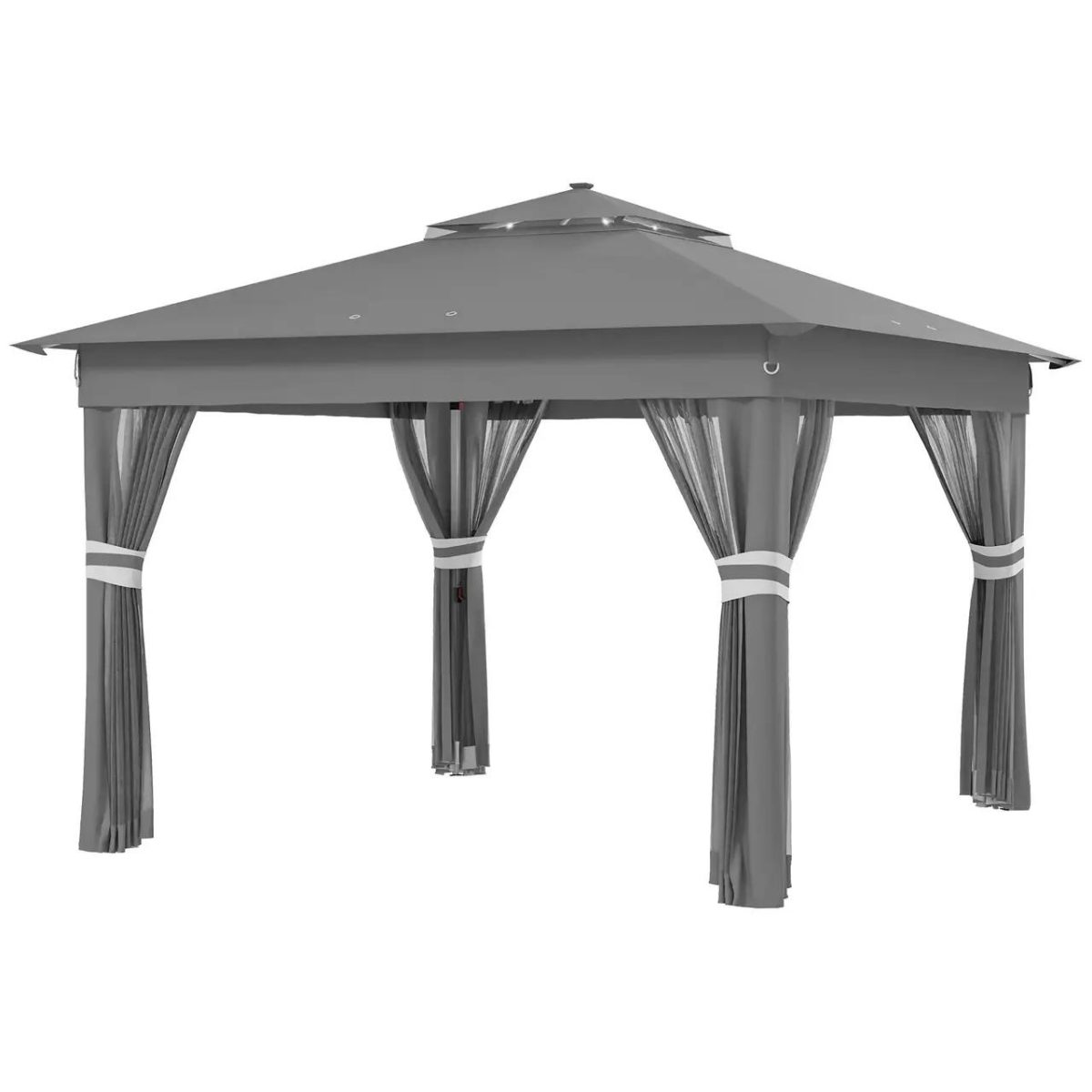 Pavilion/Foisor Pentru Gradina/Terasa, Pliabil, Cadru Otel, Material Oxford, Cu Perdele, Iluminare Led, Inaltime Reglabila, Gri, 336X336X250-270 Cm