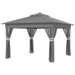 Pavilion/foisor pentru gradina/terasa, pliabil, cadru otel, material Oxford, cu perdele, iluminare LED, inaltime reglabila, gri, 336x336x250-270 cm