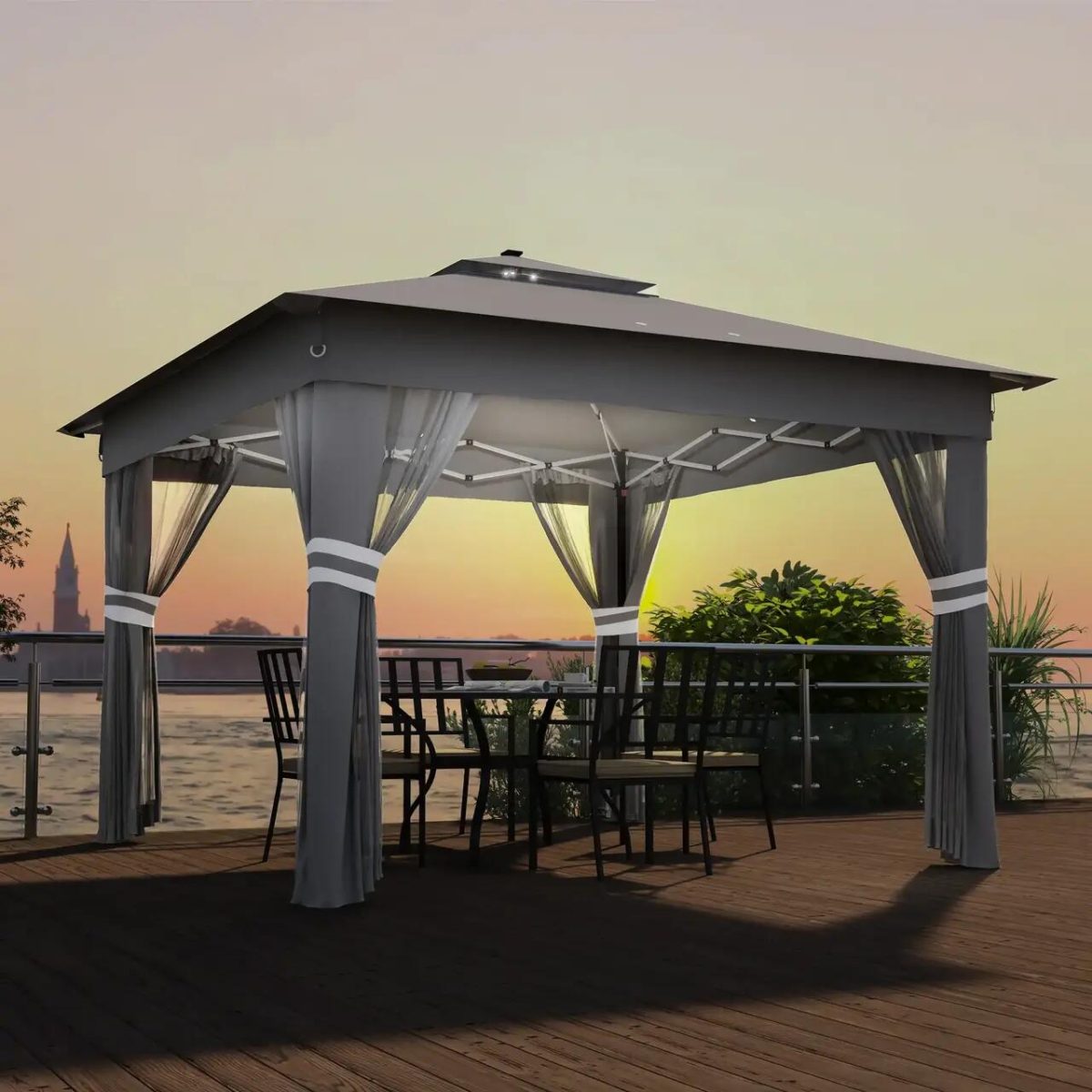 Pavilion/Foisor Pentru Gradina/Terasa, Pliabil, Cadru Otel, Material Oxford, Cu Perdele, Iluminare Led, Inaltime Reglabila, Gri, 336X336X250-270 Cm