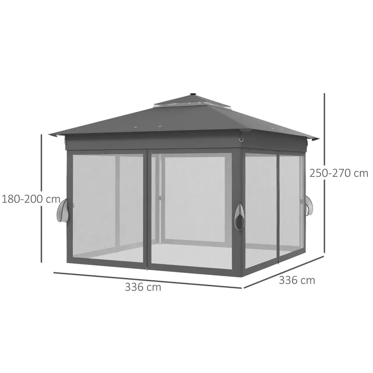 Pavilion/Foisor Pentru Gradina/Terasa, Pliabil, Cadru Otel, Material Oxford, Cu Perdele, Iluminare Led, Inaltime Reglabila, Gri, 336X336X250-270 Cm