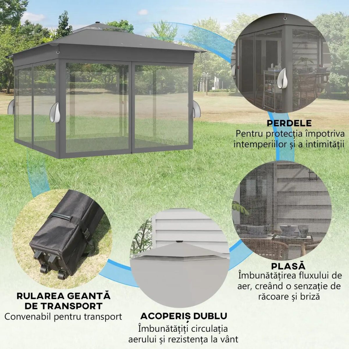 Pavilion/Foisor Pentru Gradina/Terasa, Pliabil, Cadru Otel, Material Oxford, Cu Perdele, Iluminare Led, Inaltime Reglabila, Gri, 336X336X250-270 Cm