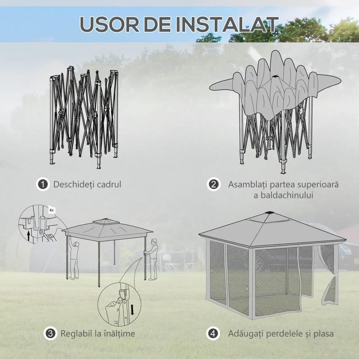 Pavilion/Foisor Pentru Gradina/Terasa, Pliabil, Cadru Otel, Material Oxford, Cu Perdele, Iluminare Led, Inaltime Reglabila, Gri, 336X336X250-270 Cm