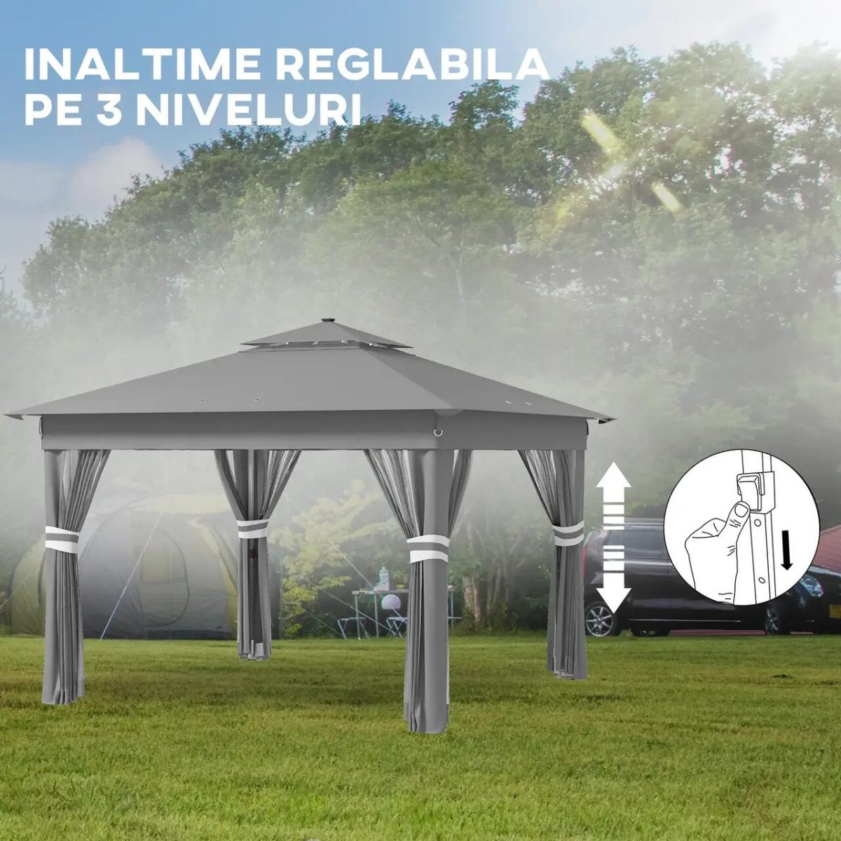 Pavilion/Foisor Pentru Gradina/Terasa, Pliabil, Cadru Otel, Material Oxford, Cu Perdele, Iluminare Led, Inaltime Reglabila, Gri, 336X336X250-270 Cm