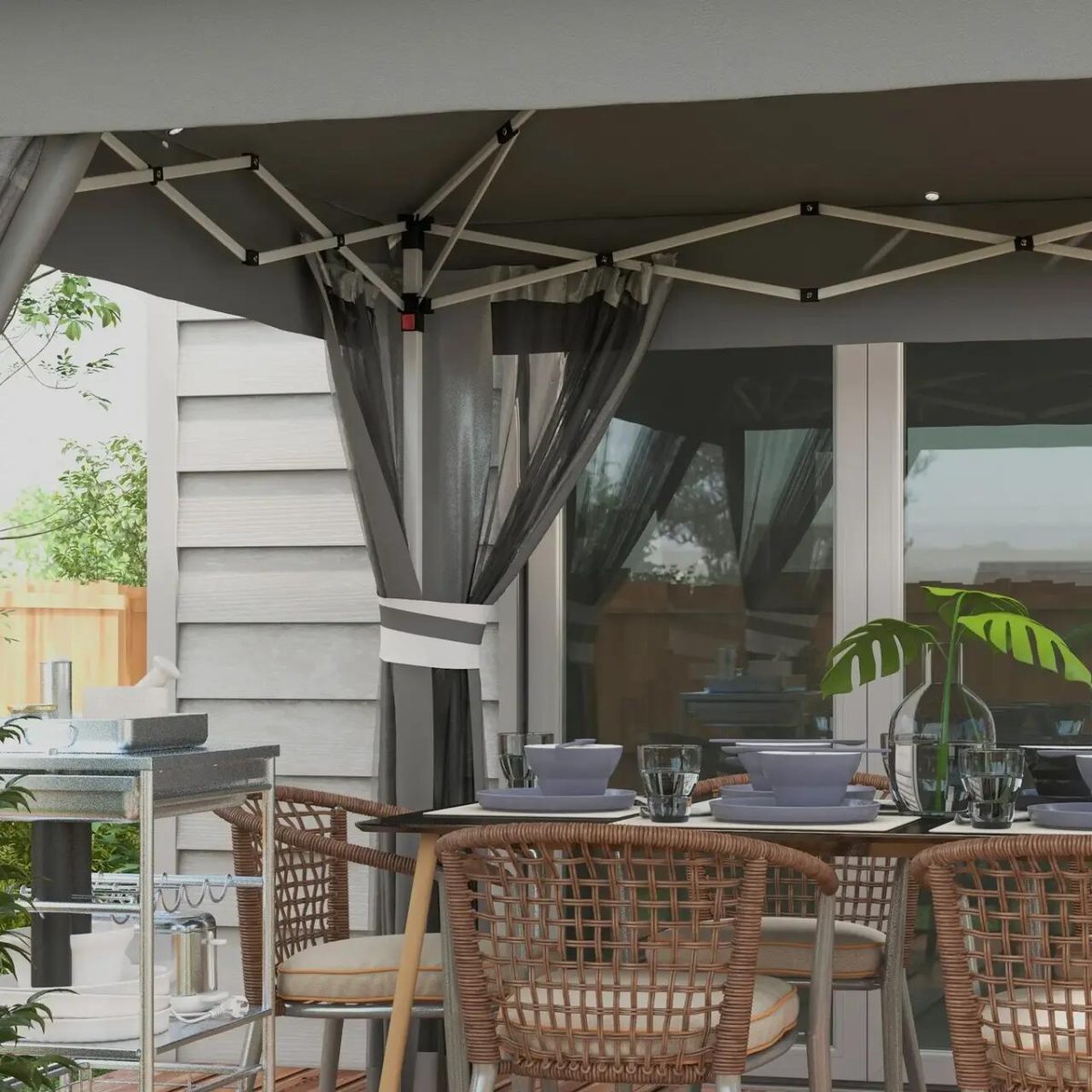 Pavilion/Foisor Pentru Gradina/Terasa, Pliabil, Cadru Otel, Material Oxford, Cu Perdele, Iluminare Led, Inaltime Reglabila, Gri, 336X336X250-270 Cm