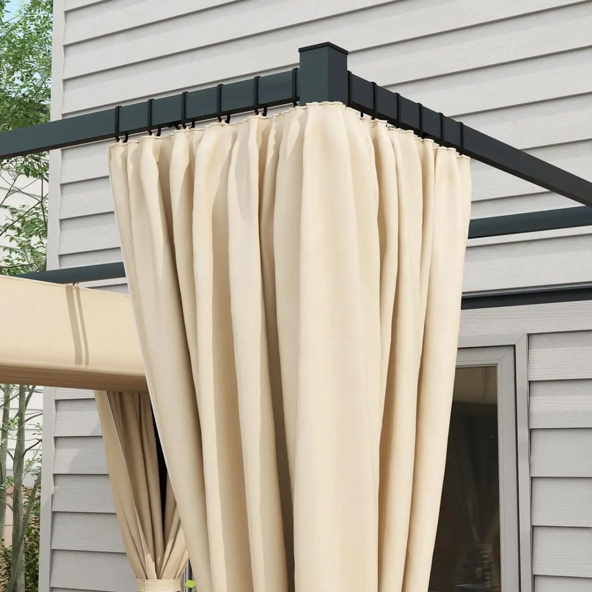 Pergola Pentru Gradina/Terasa, Retractabila, Cu Perdele, Cadru Metalic, Negru Si Bej, 3X3X2.27 M