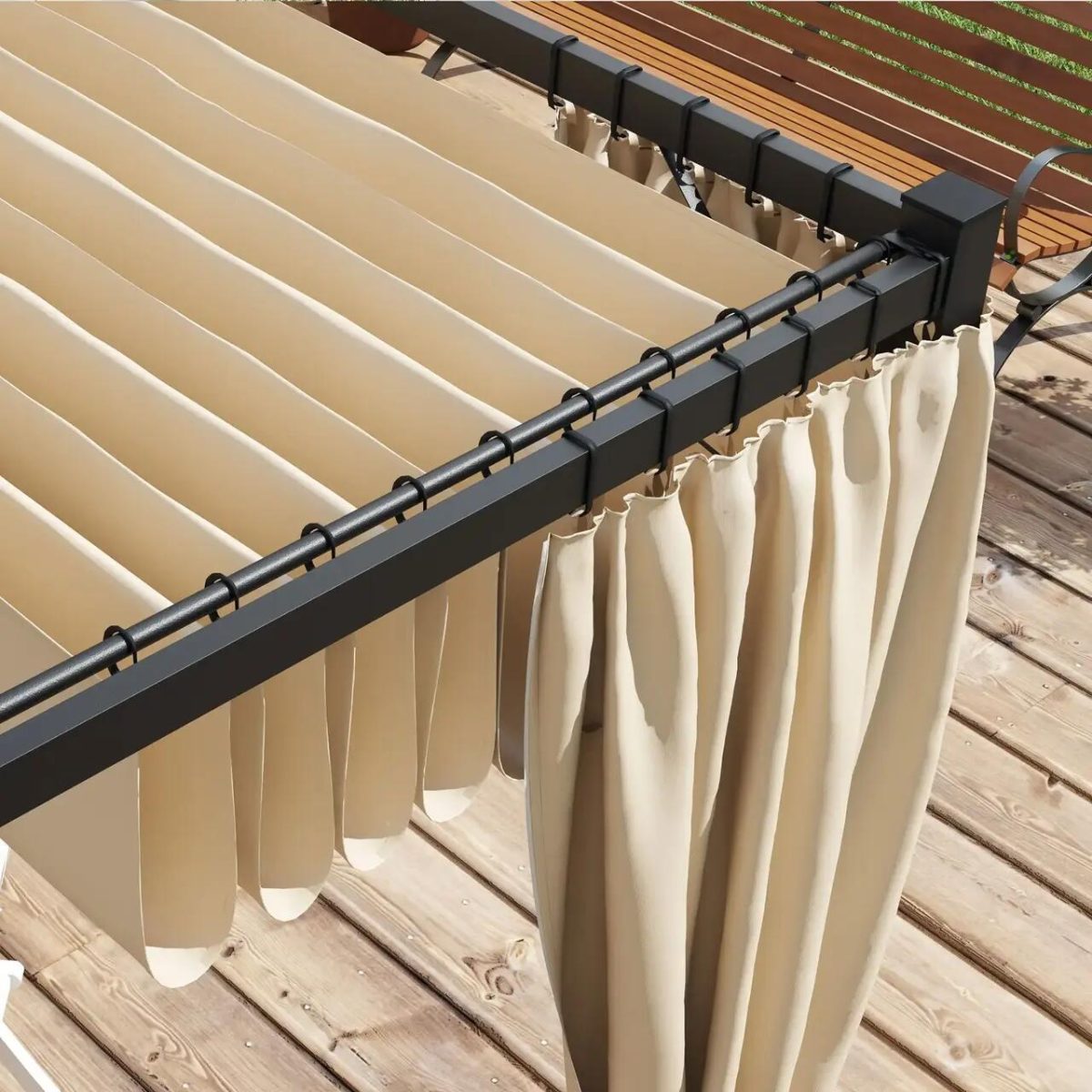 Pergola Pentru Gradina/Terasa, Retractabila, Cu Perdele, Cadru Metalic, Negru Si Bej, 3X3X2.27 M